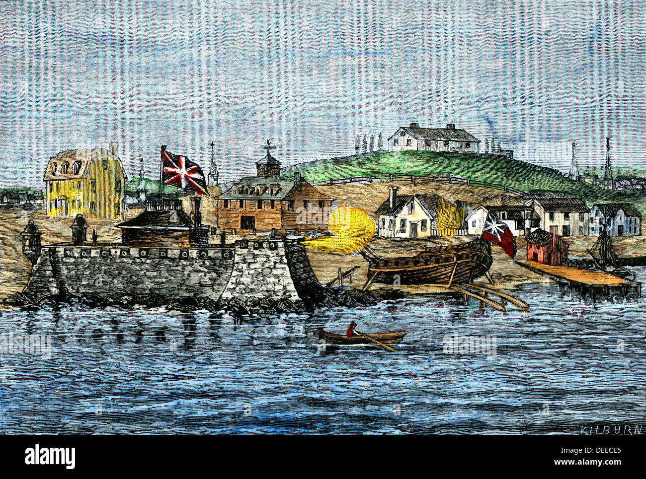 Defensive arbeitet zusammen Fort Hill, kolonialen Boston Harbor, 1700. Hand - farbige Holzschnitt Stockfoto