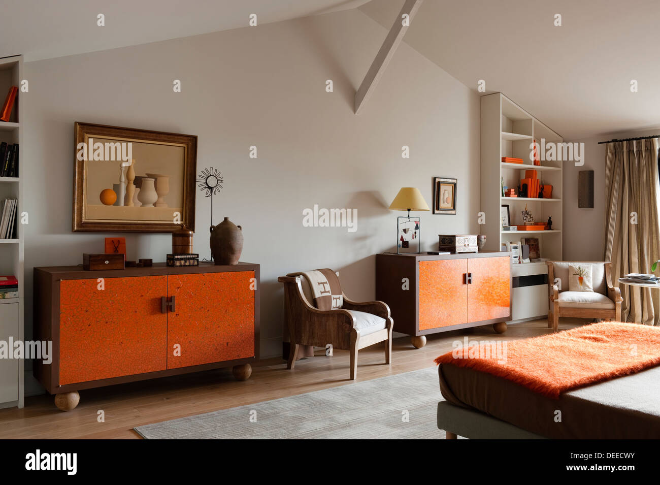 Schlafzimmer im Haus von Bruno und Dominique Lafourcade in der Provence Stockfoto