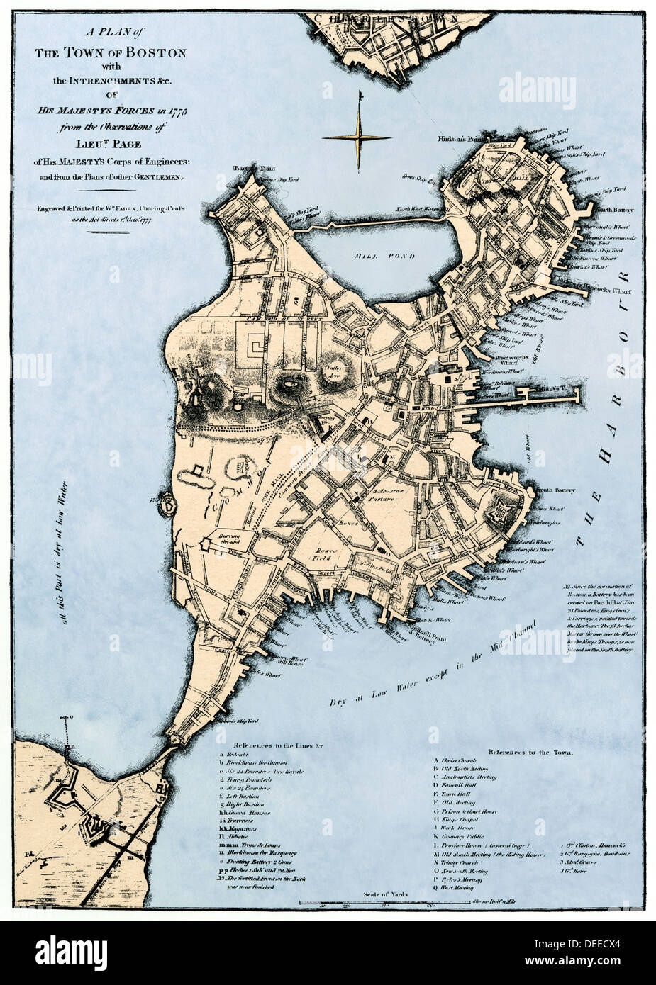 Karte von Boston anzeigen entrenchments der Britischen Streitkräfte, 1775. Hand - farbige Holzschnitt Stockfoto