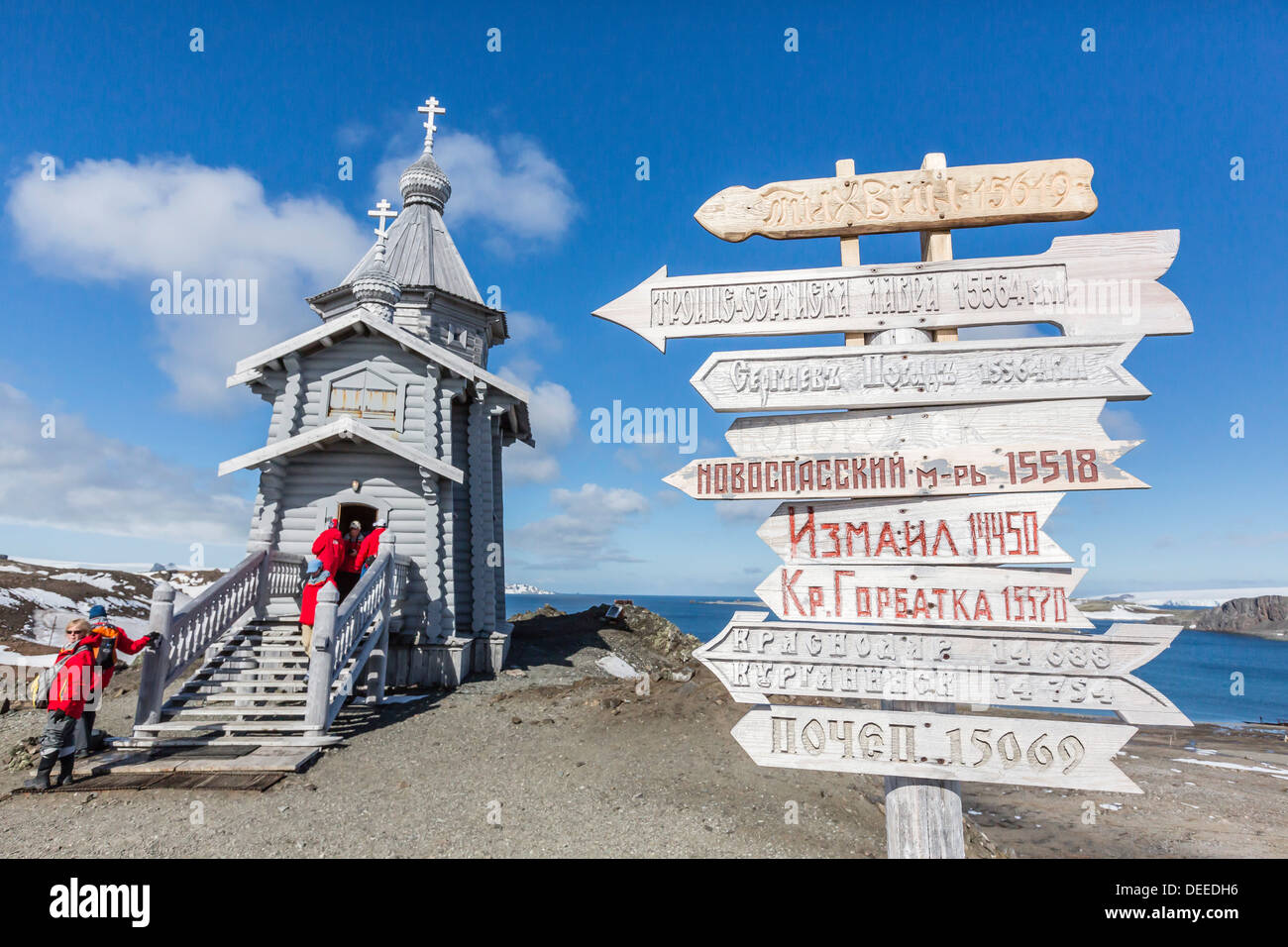 Östliche orthodoxe Dreifaltigkeitskirche, Bellingshausen-Station, Antarktis, Collins Hafen, King George Island, Süd-Shetland-Inseln Stockfoto