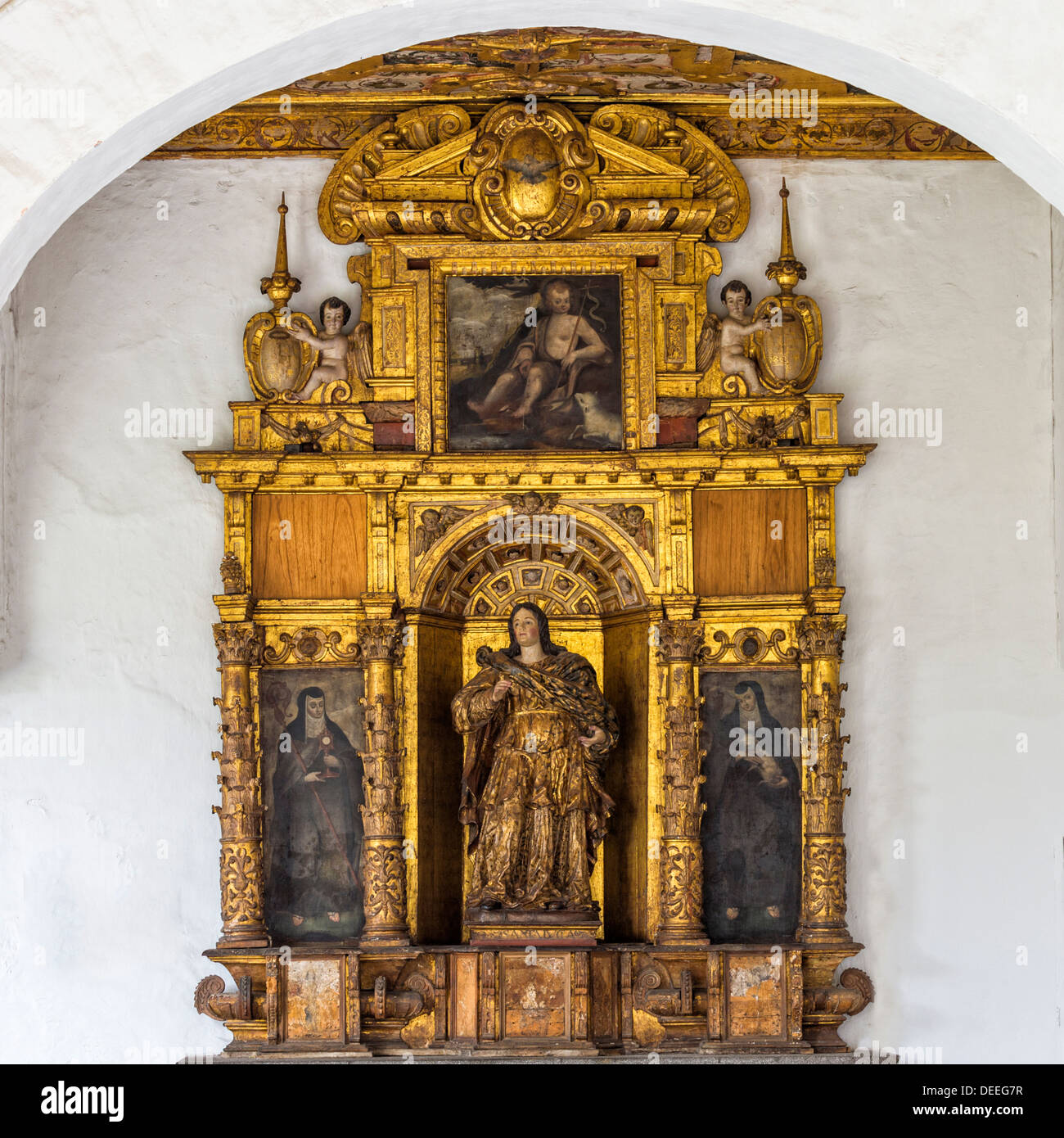 San Francisco-Kirche und Kloster Santa Lucia Altarbild, Provinz Pichincha, Ecuador, Quito, UNESCO-Weltkulturerbe Stockfoto