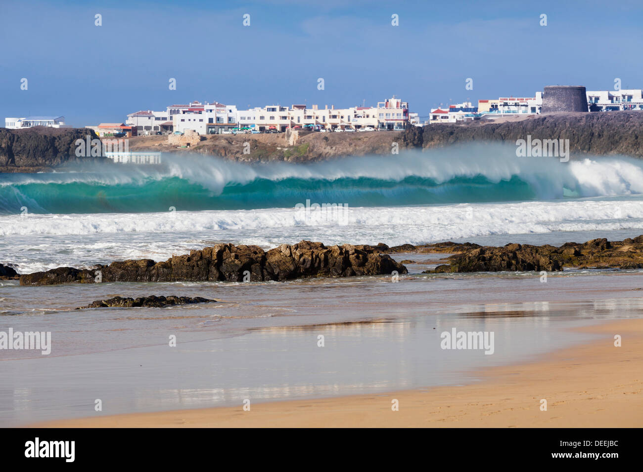 Blick vom Playa del Castillo in El Cotillo, Fuerteventura, Kanarische Inseln, Spanien, Atlantik, Europa Stockfoto