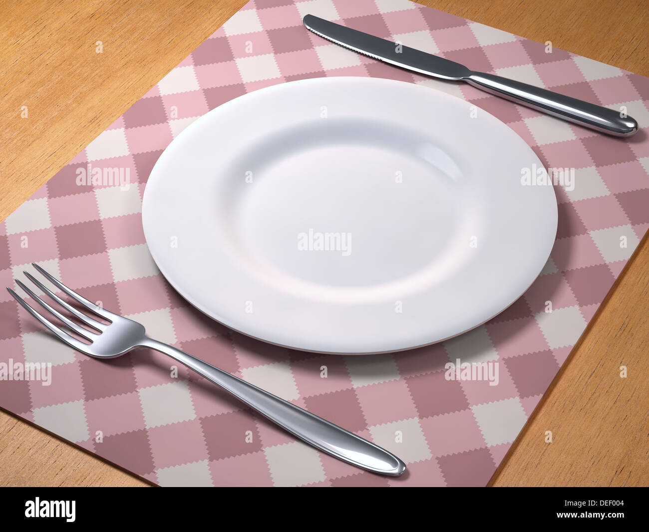 Besteck und leere Teller. Ihr Text oder Bild auf dem Teller. Stockfoto