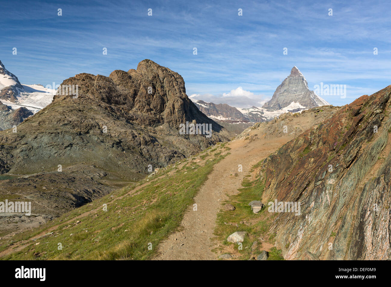 Trail am Riffelhorns mit Matterhorn, Zermatt, Alpen, Schweiz Stockfoto
