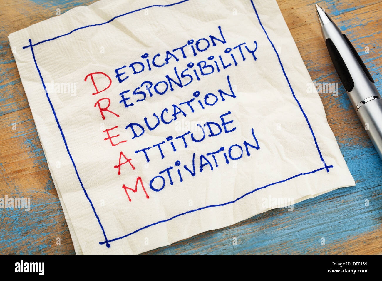 Engagement, Verantwortung, Ausbildung, Einstellung, Motivation - Traum Akronym - eine Serviette Doodle Stockfoto