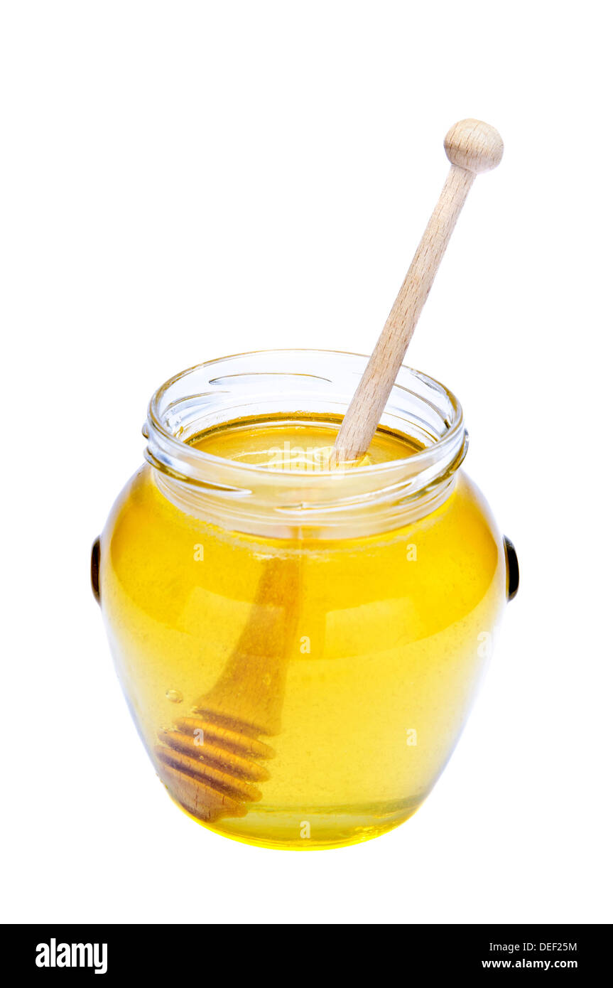 Glas Honig isoliert auf weißem Hintergrund Stockfoto