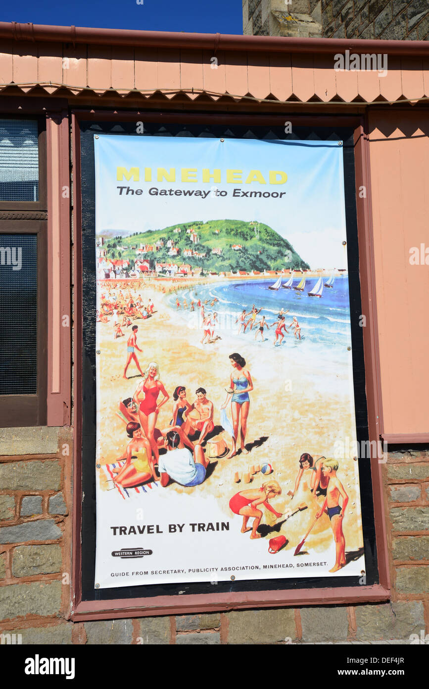 Vintage GWR Eisenbahn Poster in West Somerset Railway, Minehead Station, Minehead, Somerset, England, Vereinigtes Königreich Stockfoto