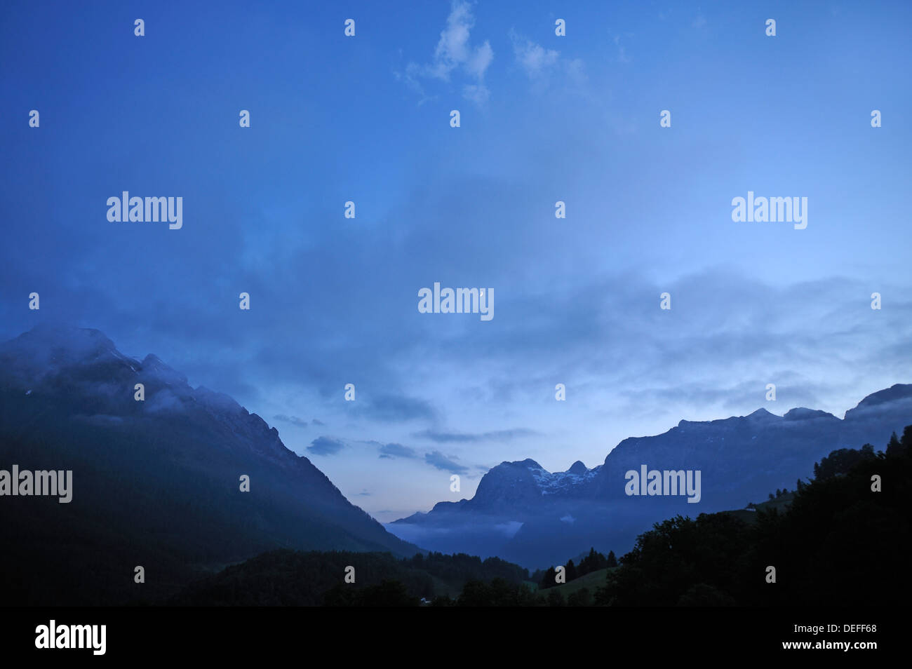 Sonnenuntergang in den Berchtesgadener Alpen, Ramsau Bei Berchtesgaden, Landkreis Berchtesgadener Land, Upper Bavaria, Bavaria, Germany Stockfoto