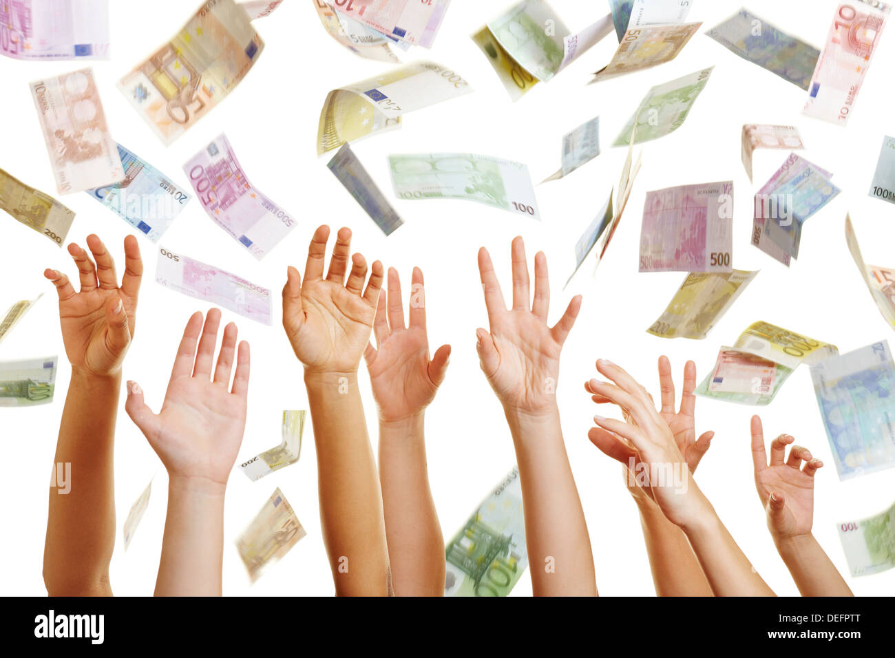 Viele Hände greifen nach Euro-Geld in die Luft fliegen Stockfoto