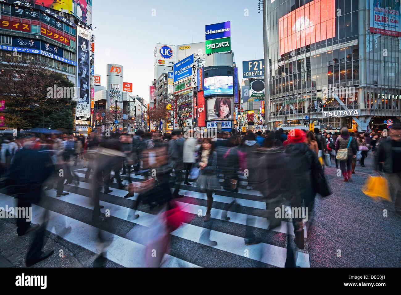 Kreuzung Shibuya, Massen von Menschen überqueren die Kreuzung im Zentrum von Shibuya, Tokyo, Honshu, Japan, Asien Stockfoto