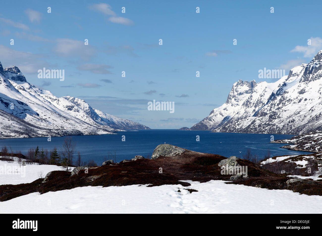 Seewärtigen Aussicht von der Spitze des Ersfjord, Kvaloya (Whale Island), Troms, arktische Norwegen, Skandinavien, Europa Stockfoto