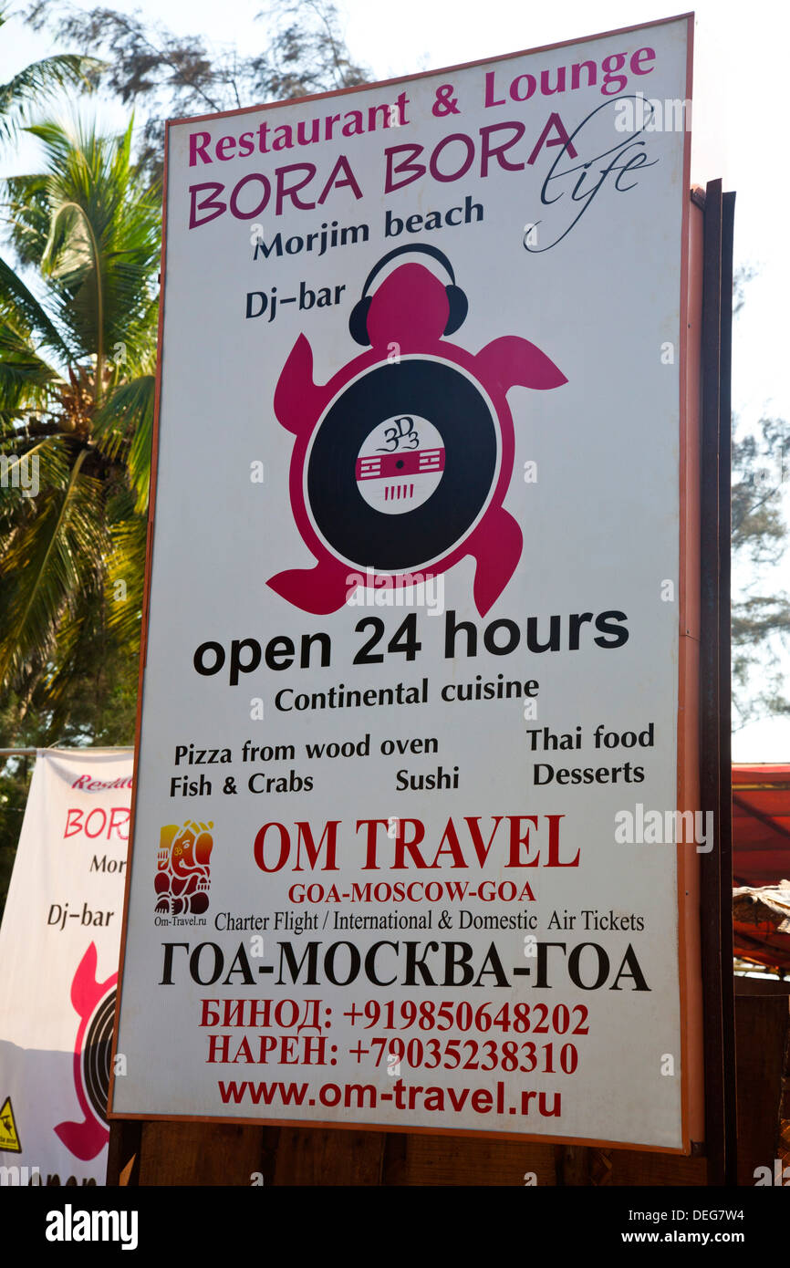 Schild eines Restaurants, Bora Bora, Vagator, Nord-Goa, Goa, Indien Stockfoto