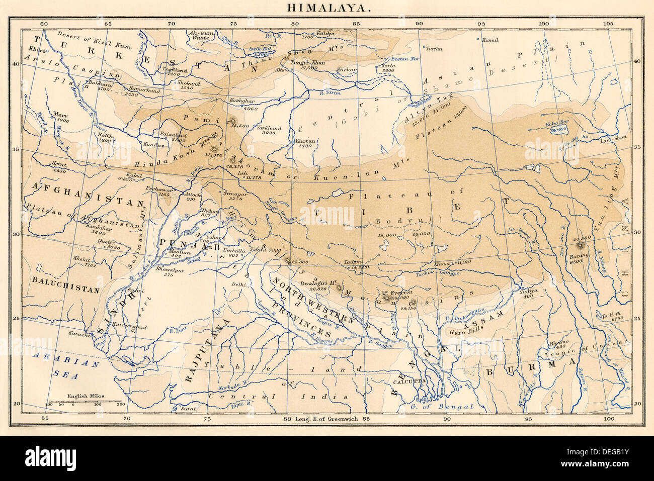 Karte von Himalaya Region Asien, 1870. Farblithographie Stockfoto