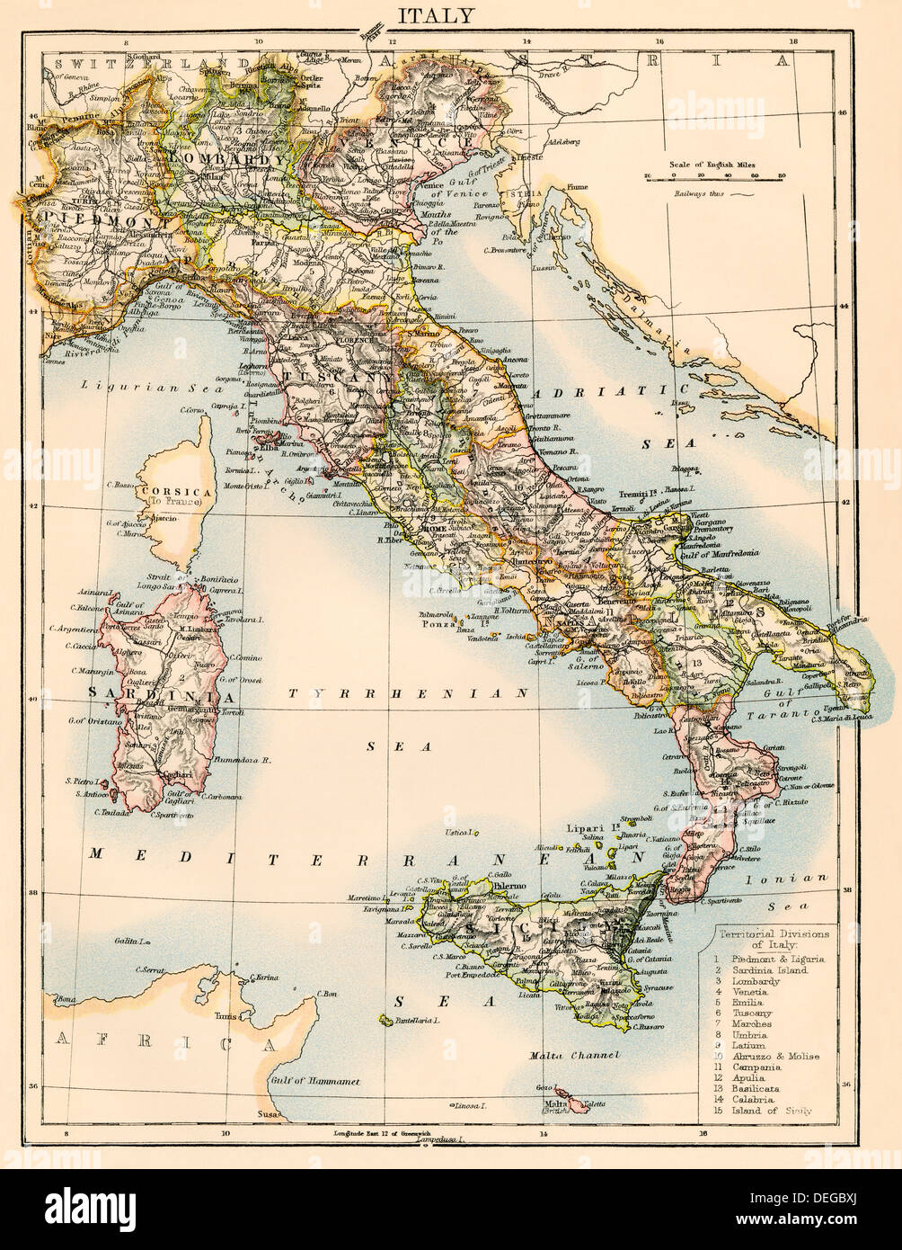 Karte von Italien, 1870. Farblithographie Stockfoto