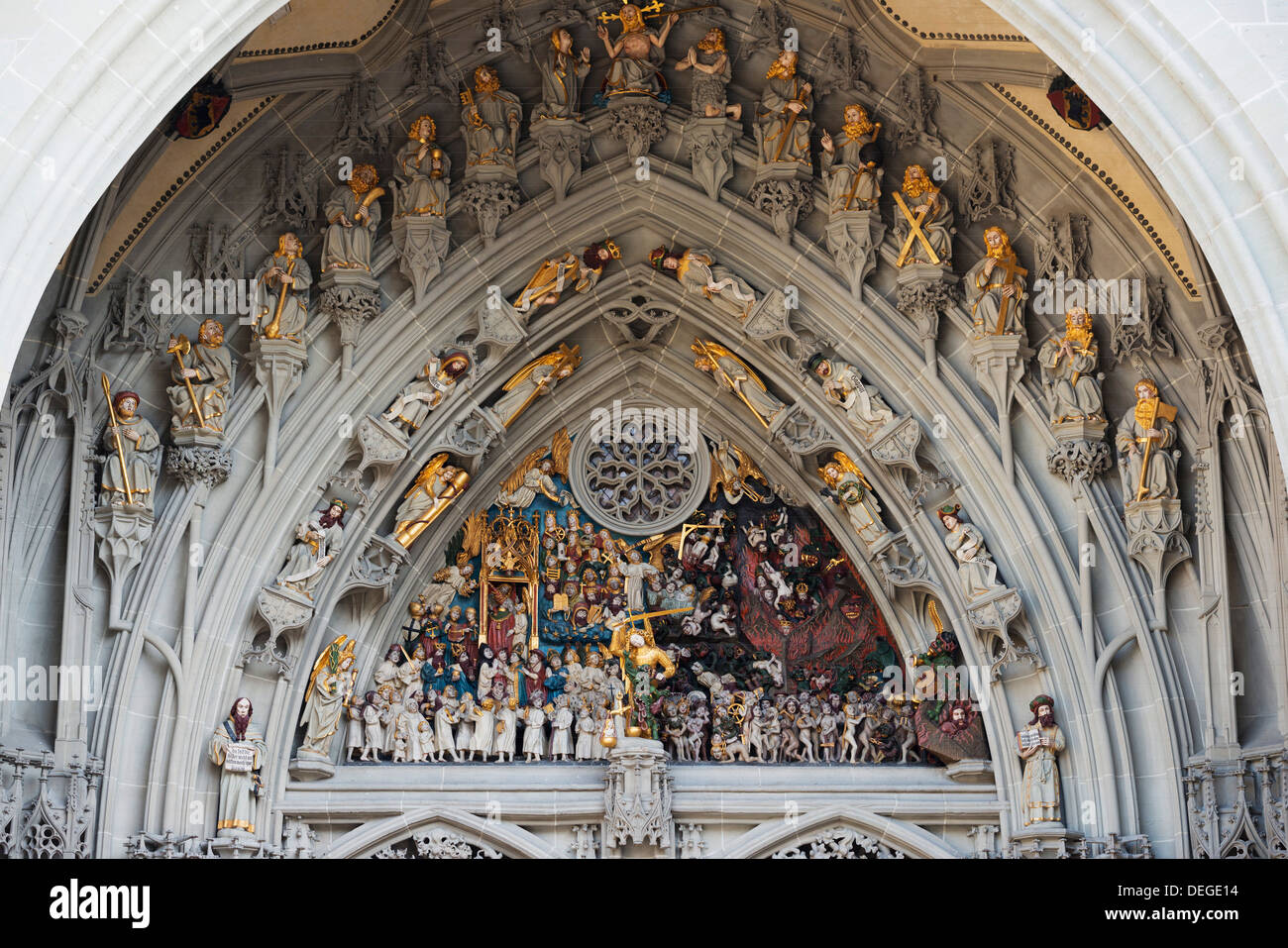 Das jüngste Gericht, Berner Münster, 15. Jahrhundert gotische Kathedrale, Bern, Schweiz, Europa Stockfoto
