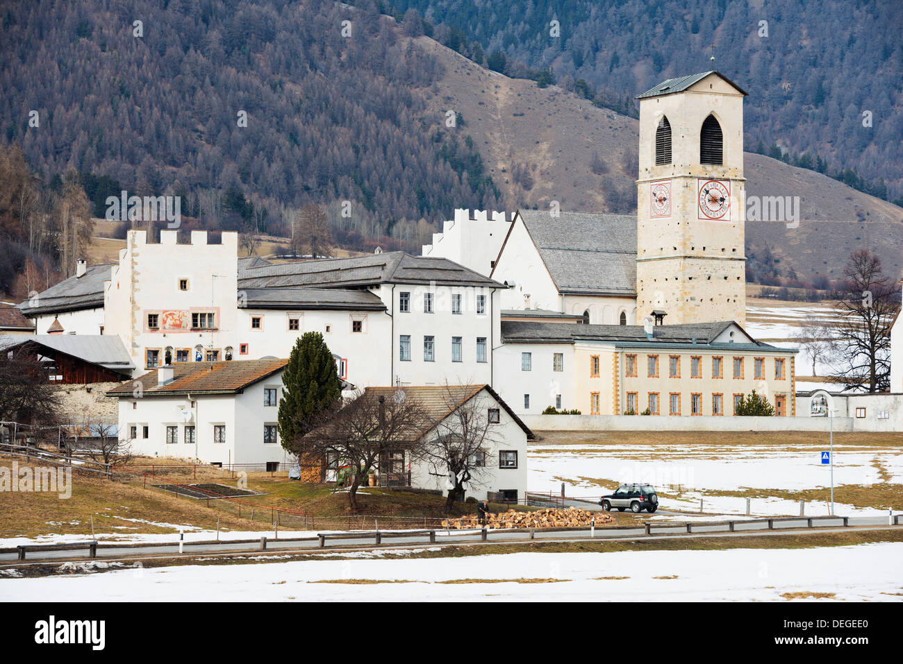 Kirche der Benediktiner-Kloster, Kloster St. Johann, UNESCO, Müstair, Graubünden, Schweizer Alpen, Schweiz Stockfoto