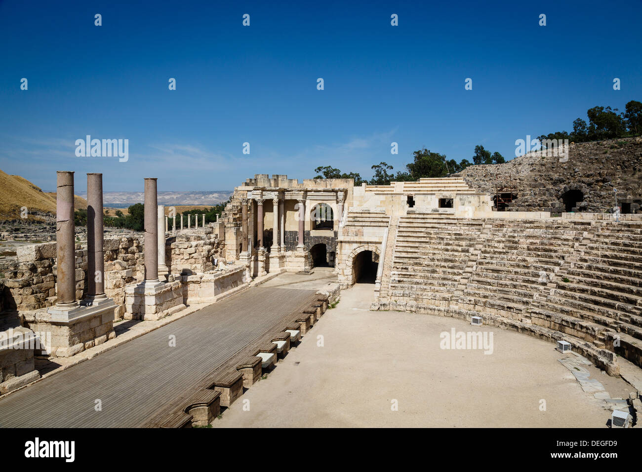 Amphitheater, Ruinen der römisch-byzantinischen Stadt von Skythopolis Tel Beit Shean Nationalpark, Beit Shean, Israel, Nahost Stockfoto