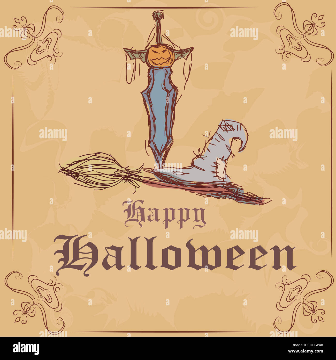Vektor-Illustration. Happy Halloween, Hexenhut und Besen Stockfoto