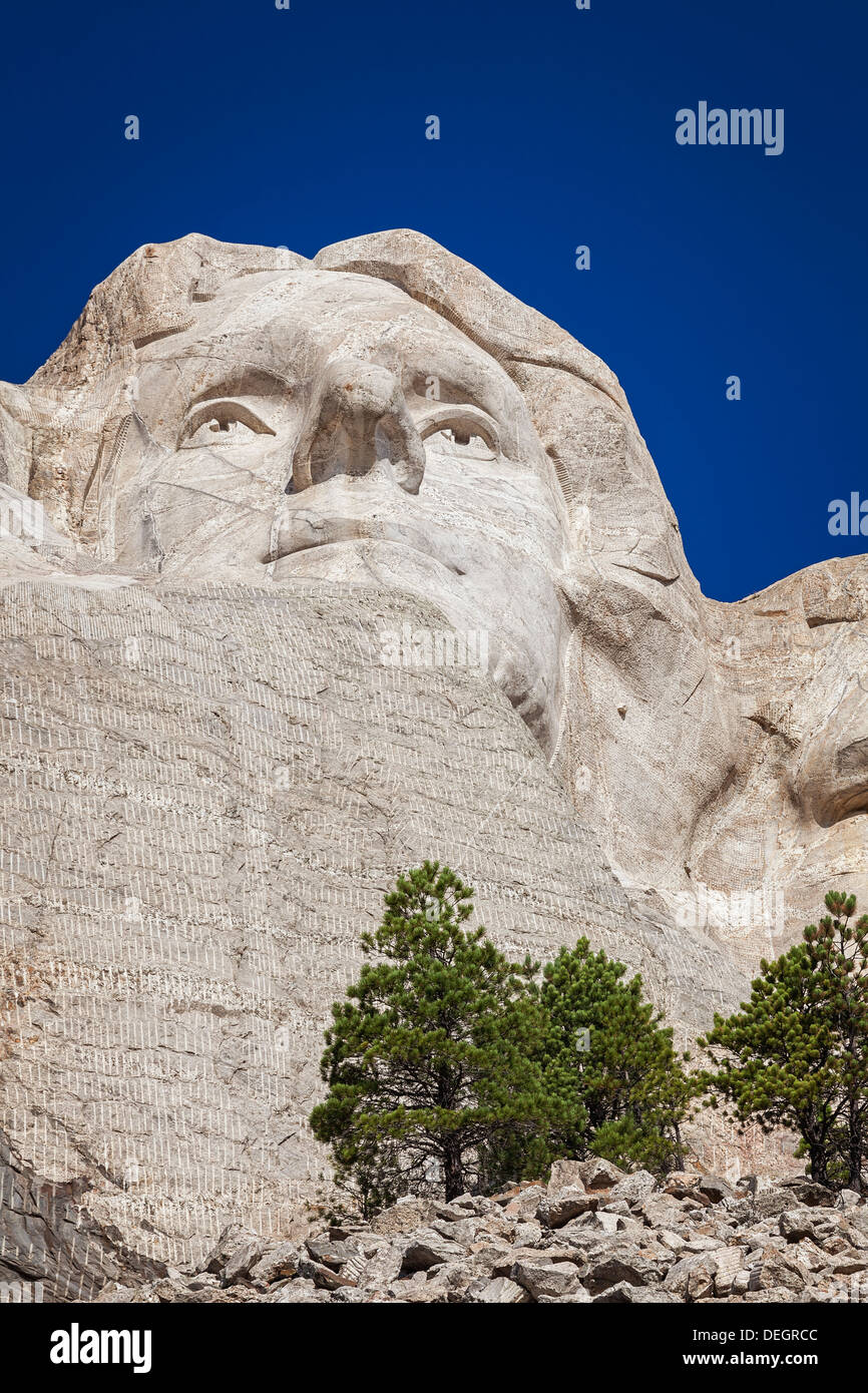 Gesicht von Thomas Jefferson, Mount Rushmore National Memorial, Black Hills, South Dakota Stockfoto