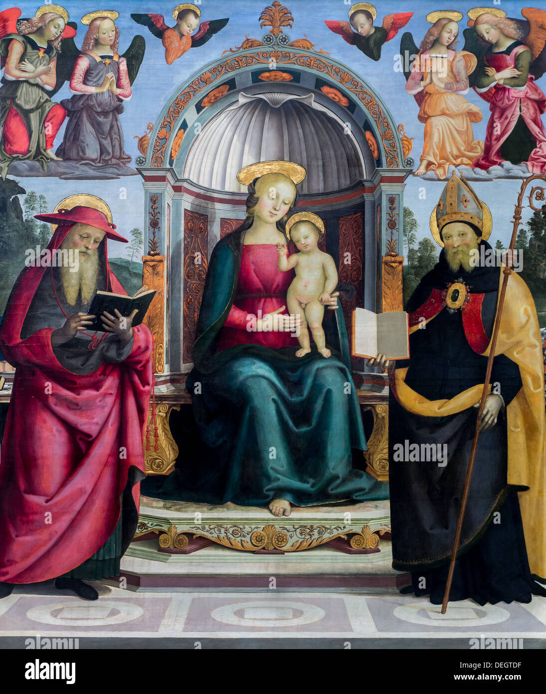 16. Jahrhundert - die Jungfrau und das Kind zwischen Hieronymus und Augustinus, um 1500 - Pietro Vannucci The Perugino genannt Stockfoto