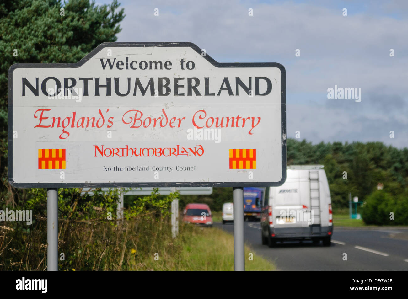 "Willkommen in Northumberland" Straßenschild Stockfoto