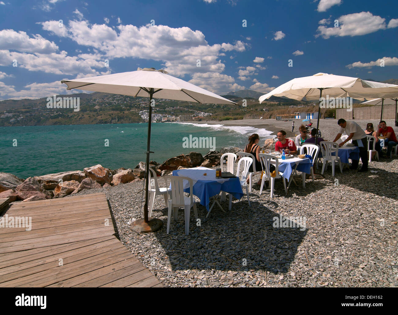 Peñon Strand - Restaurant, Salobreña, Granada-Provinz, Region von Andalusien, Spanien, Europa Stockfoto