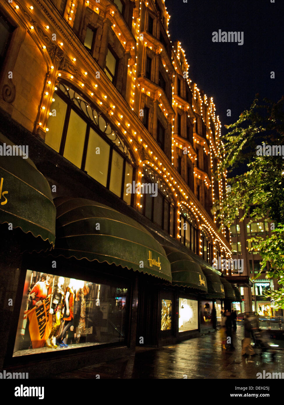 Das Kaufhaus Harrods in der Nacht, Brompton Road, Knightsbridge, Royal Borough of Kensington und Chelsea Stockfoto