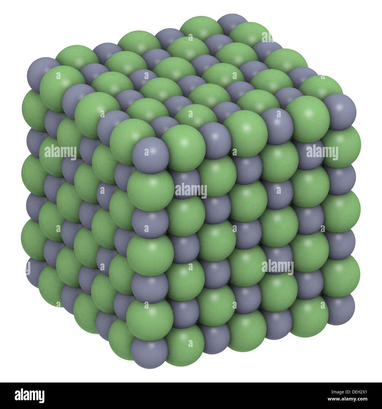 Natriumchlorid (NaCl, Kochsalz) Kristallstruktur. Atome werden als Kugeln mit konventionellen Farbkodierung dargestellt. Stockfoto