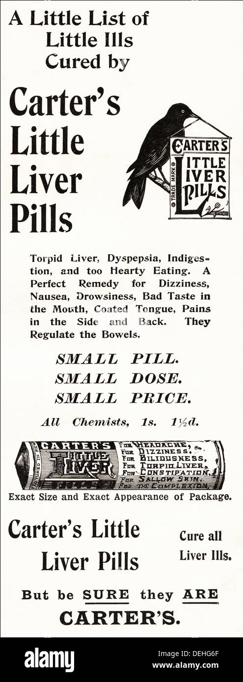 Original der 1890er Jahre Vintage Victorian Werbung Werbung CARTERS kleinen Leber Pillen, Anzeige ca. 1898 Stockfoto