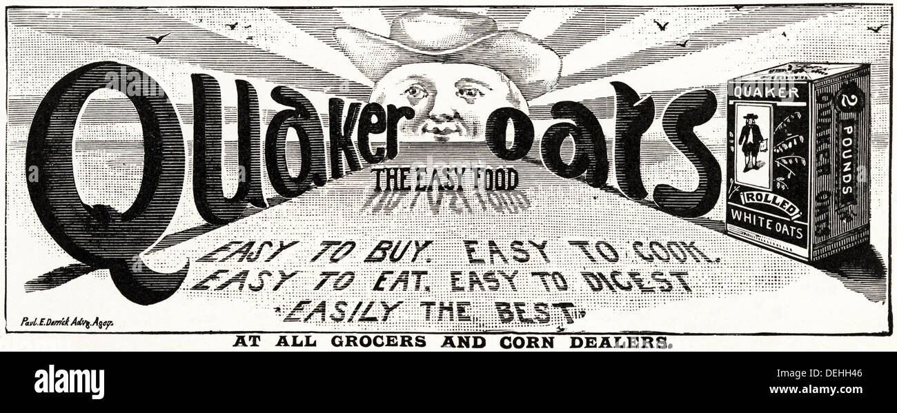 Original 1890er Jahre Vintage historischen viktorianischen Werbung Werbung QUAKER HAFER, Werbung um 1898 Stockfoto