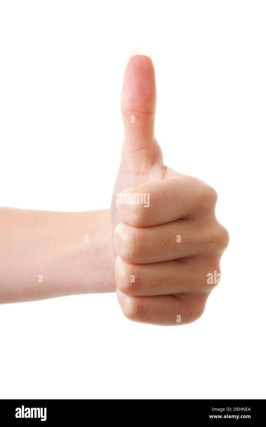 Hand mit Daumen oben auf weißem Hintergrund Stockfoto