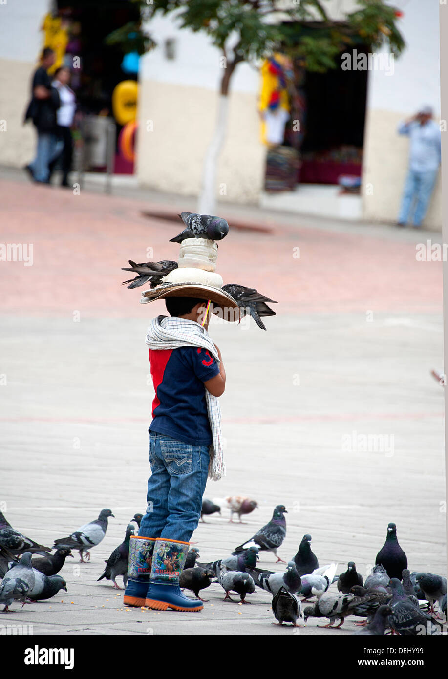 Kleiner Junge in Cowboystiefeln steht auf Platz mit Tauben am Hut. Fusagasuga, Kolumbien, Südamerika. Stockfoto