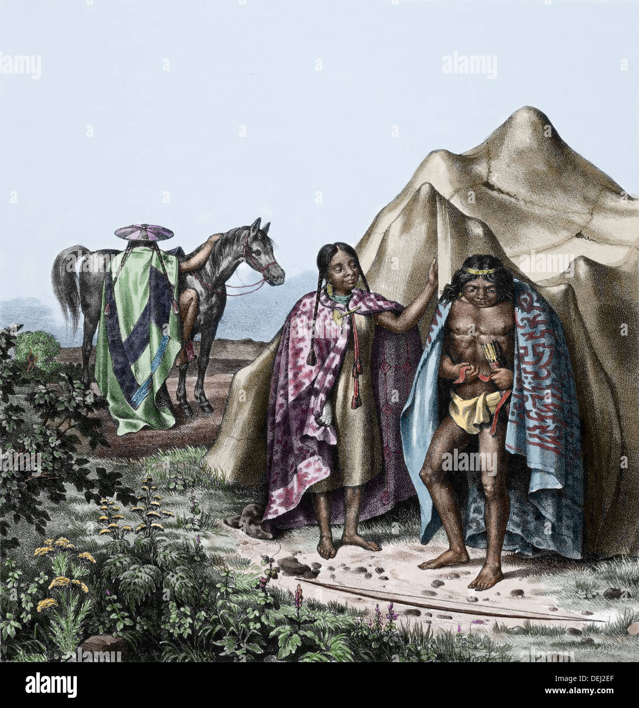 Süd-Amerika. Argentinien. Eingeborene Patagoniens, c.1880. Farbige Gravur. Stockfoto