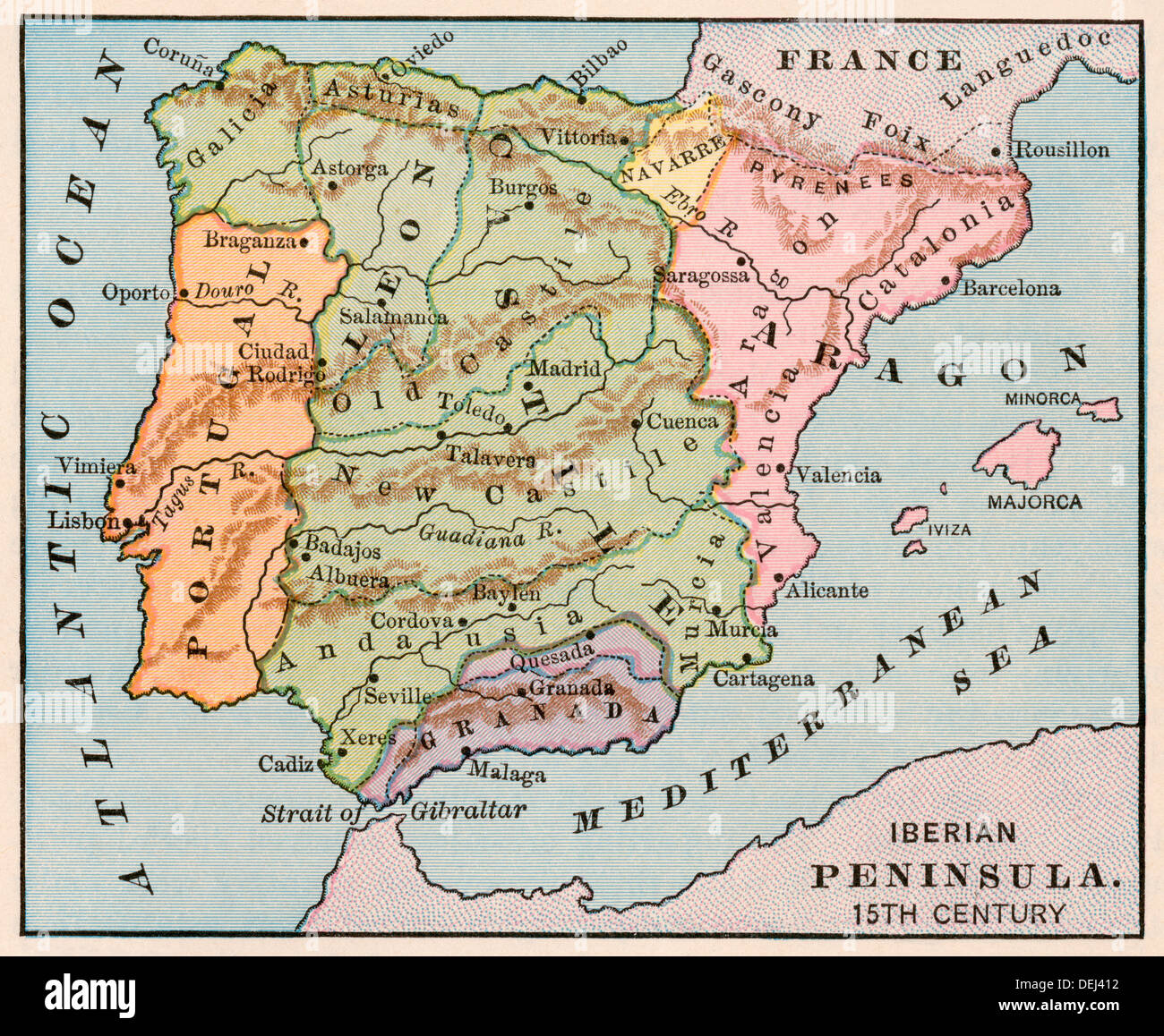 Karte der Iberischen Halbinsel in den 1400er Jahren. Farblithographie Stockfoto