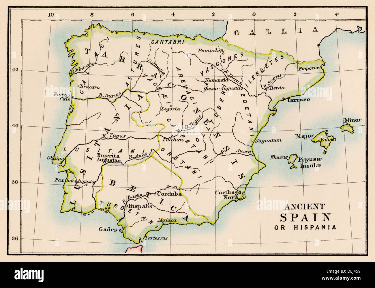 Karte von Hispania, oder der Iberischen Halbinsel in der Antike. Farblithographie Stockfoto 
