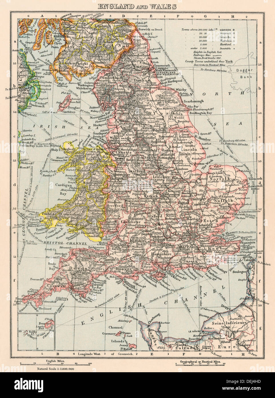 Karte von England und Wales, 1870. Farblithographie Stockfoto