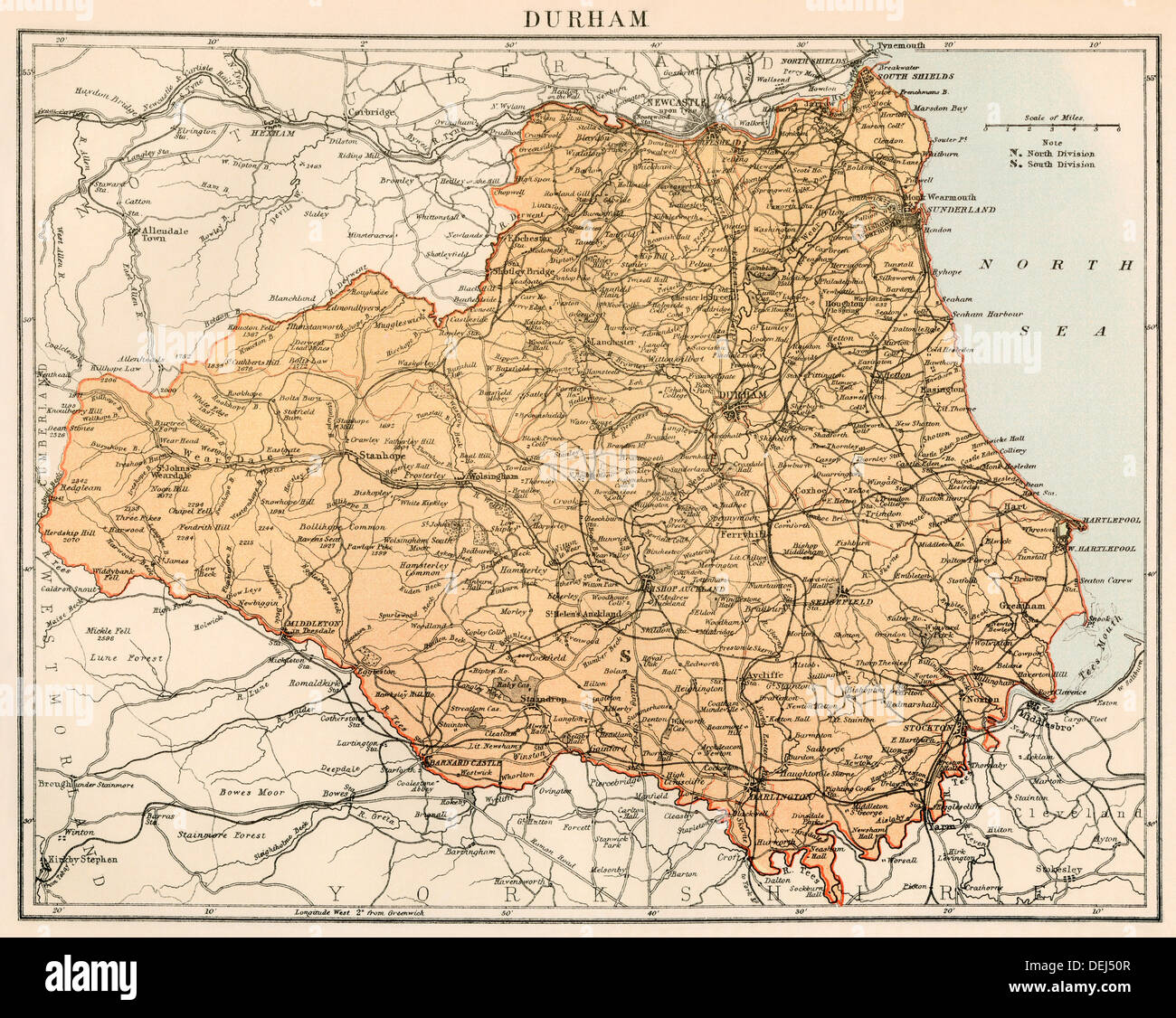 Karte von Durham, England, 1870. Farblithographie Stockfoto