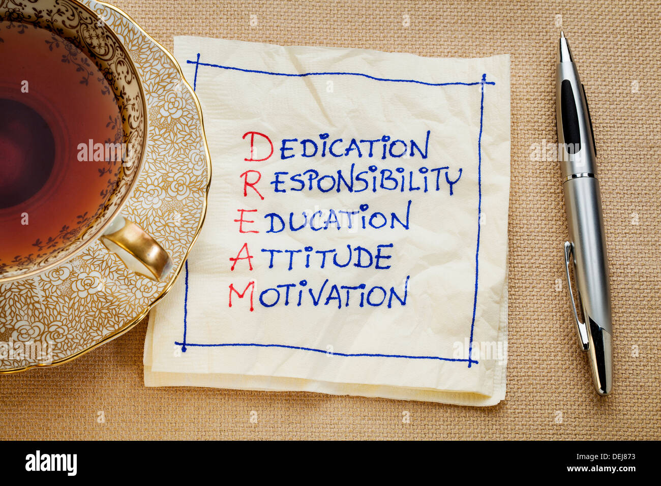 Engagement, Verantwortung, Ausbildung, Einstellung, Motivation - Traum Akronym - eine Serviette Doodle mit einer Tasse Tee Stockfoto