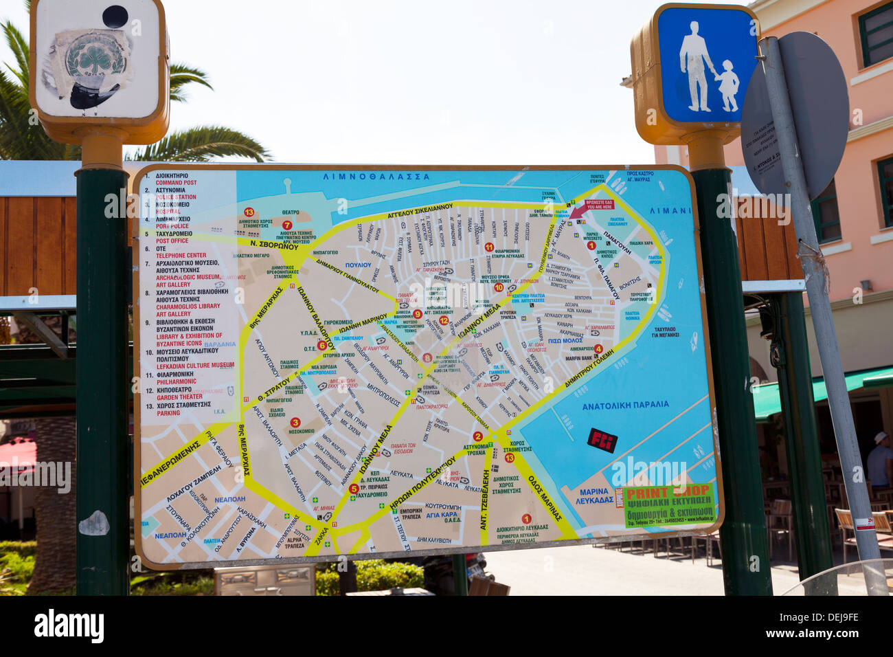 Straßenkarte Zeichen von Lefkas Lefkada Stadt griechischen Insel Griechenland Stockfoto