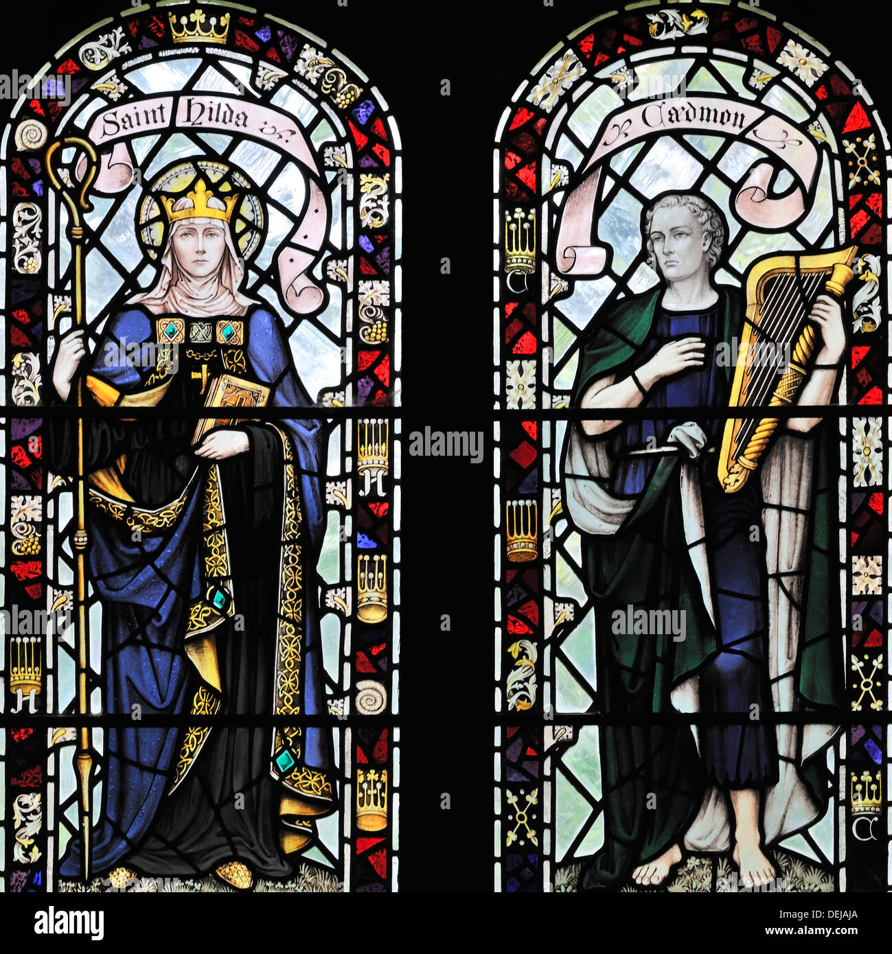 St. Hilda, Äbtissin und der Dichter Caedmon, Laienbruder, erinnert an Kirkby Malham Kirche, Yorkshire Dales, England Stockfoto