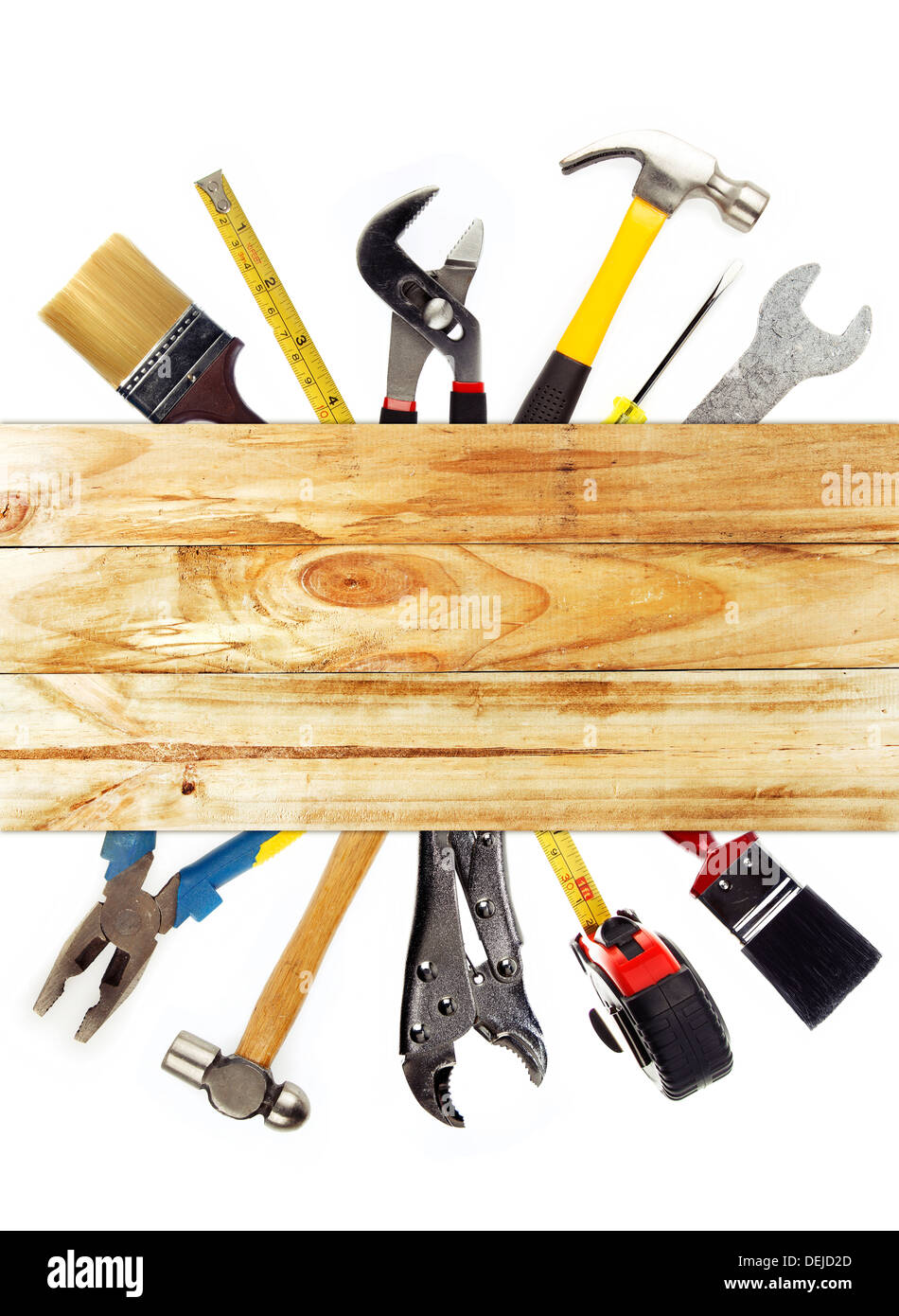 Verschiedene Werkzeuge und Holz Stockfoto
