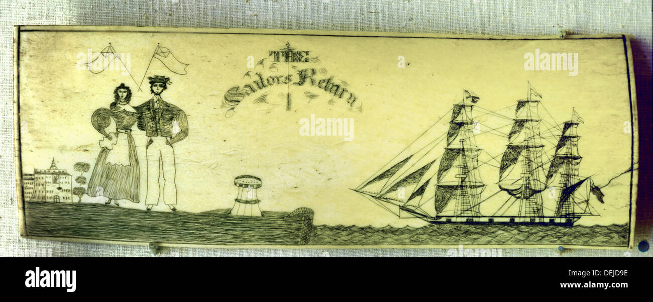 Fischbein Elfenbein Scrimshaw Kunst zeigt Walfangschiff. Nantucket Walfangmuseum, Nantucket Island, Cape Cod Massachusetts, USA Stockfoto