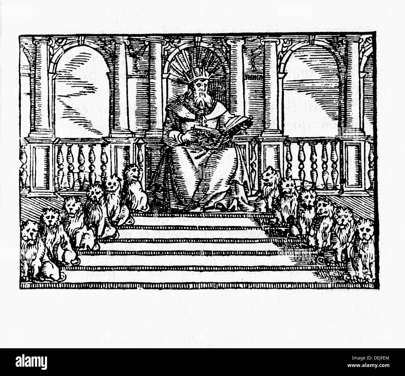Solomon, Sitted auf dem Elfenbein Thron, liest das Buch des Gesetzes.  Lateinische Bibel. Venedig, 1608 Stockfotografie - Alamy