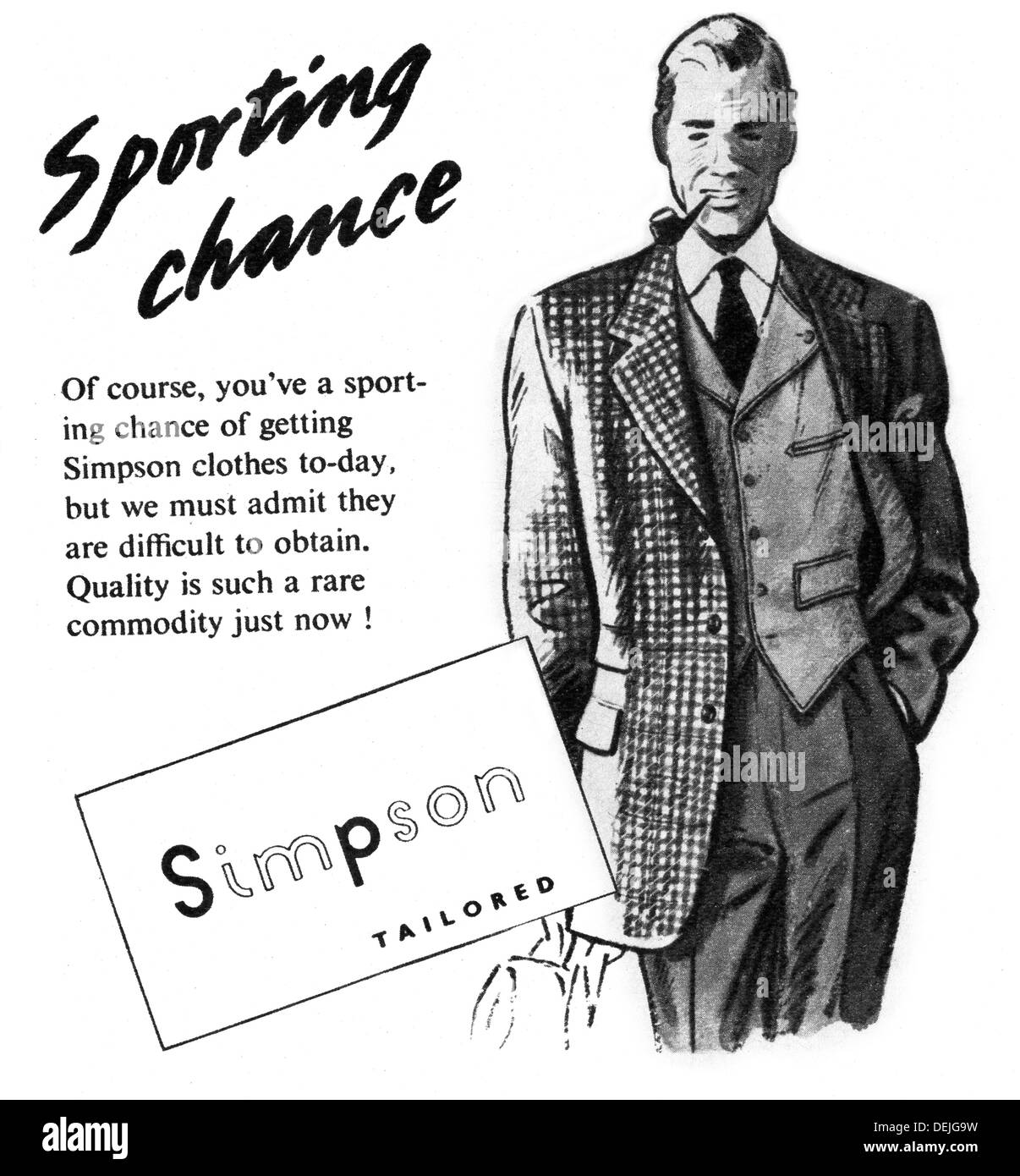1947-Anzeige für Simpson Herrenbekleidung Stockfoto