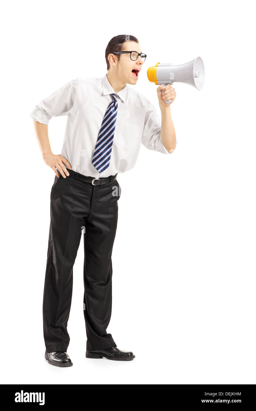 In voller Länge Portrait eines wütenden Unternehmers per Megaphon schreien Stockfoto