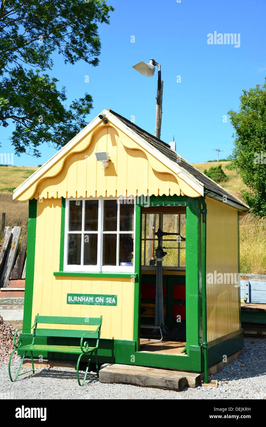 Vintage Holz signal Box in Somerset und Dorset Eisenbahnmuseum, Washford Station, Washford, Somerset, England, Vereinigtes Königreich Stockfoto