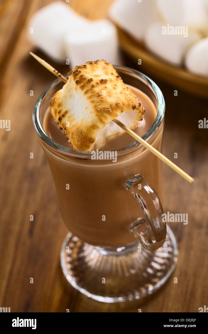 Heiße Schokolade mit gerösteten Marshmallow am Spieß auf dunklem Holz Stockfoto