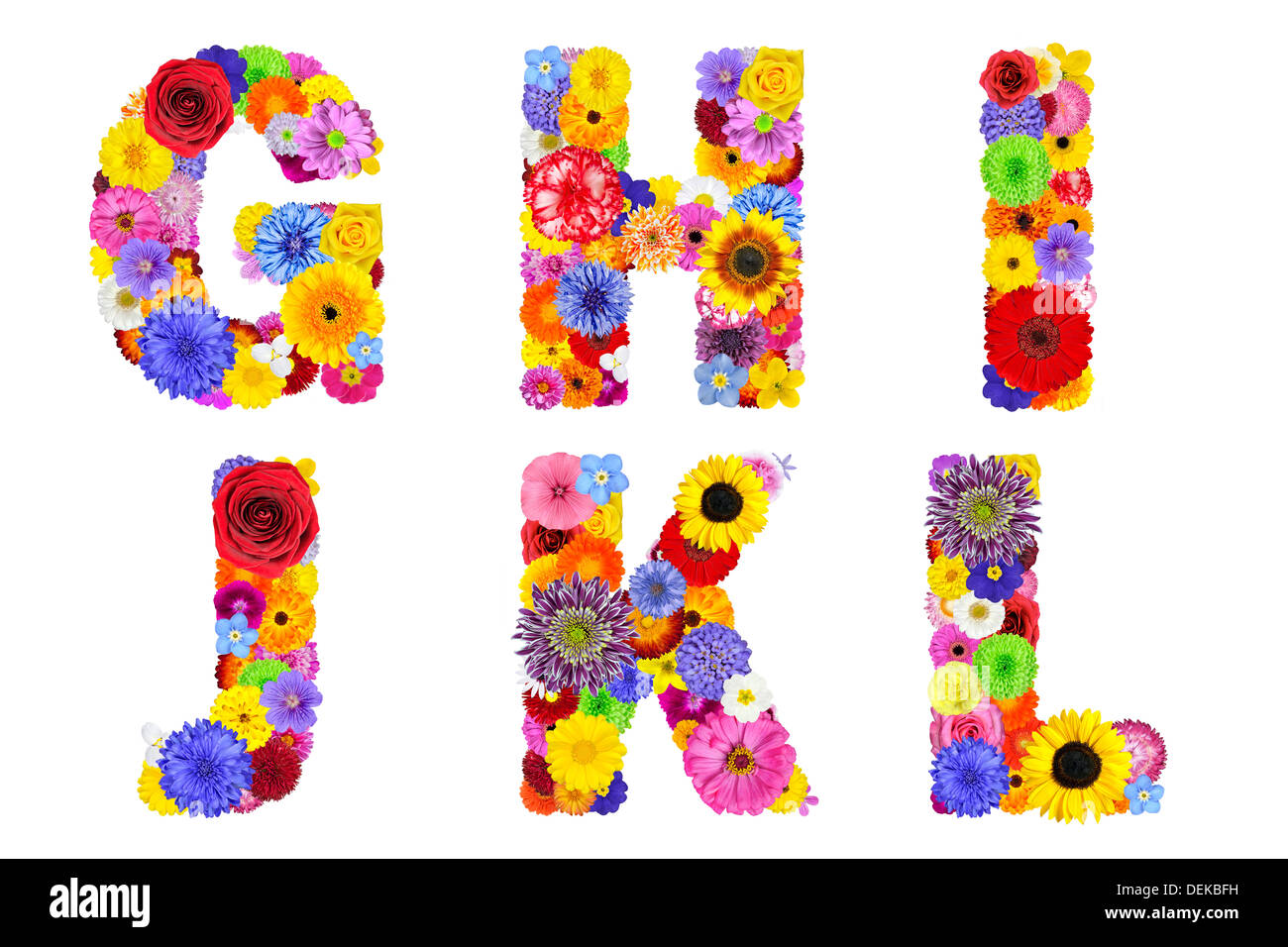 Floral Alphabet, Isolated on White. Sechs Buchstaben G, H, I, J, K, L, die viele bunte und originelle Blumen gemacht Stockfoto
