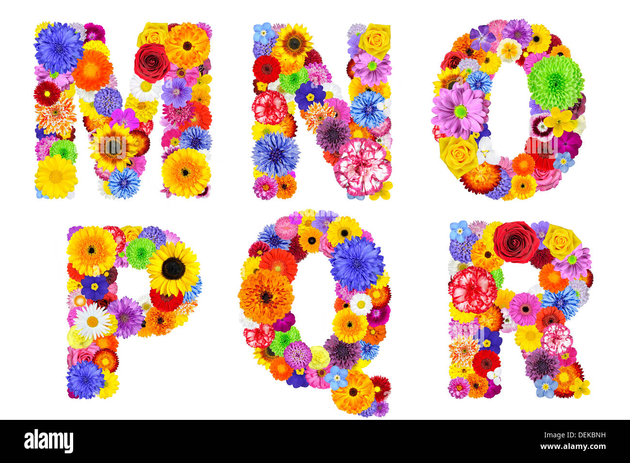 Floral Alphabet, Isolated on White. Sechs Buchstaben M, N, O, P, Q, R