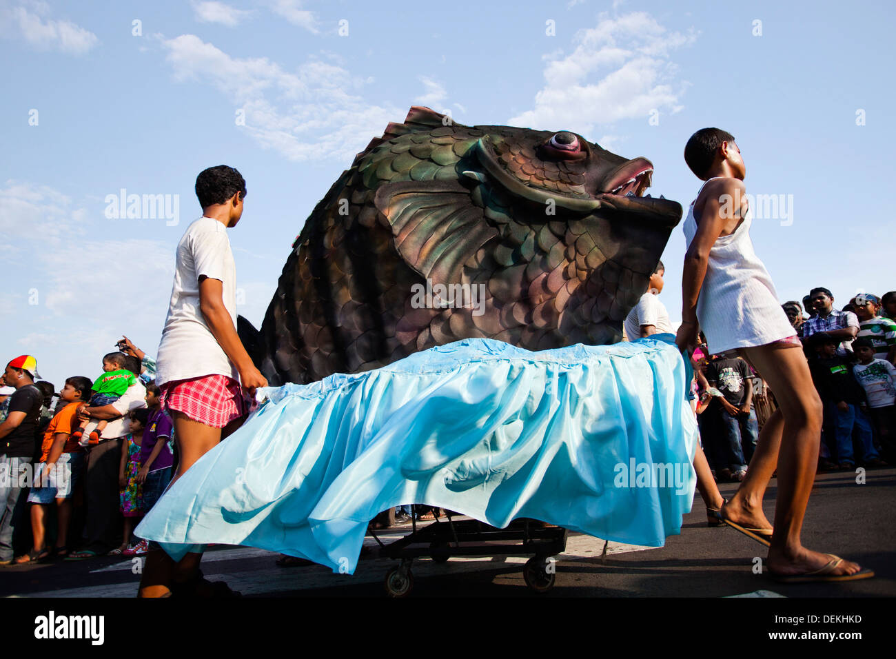 Skulptur eines Fisches auf traditionelle Prozession in einem Karneval, Karneval in Goa, Goa, Indien Stockfoto